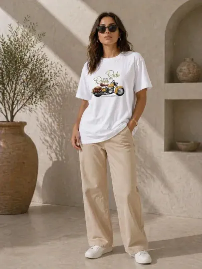 Motosiklet Baskılı Tişört Bisiklet Yaka Kısa Kol Yazlık T-Shirt - Beyaz - M - Beyaz
