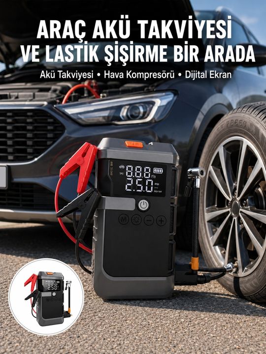 motto ticaret 132218367 Mey İthalat Araç İçin 4 Fonksiyonlu Akü Takviye Ve Lastik Şişirme Cihazı Yeni Nesil