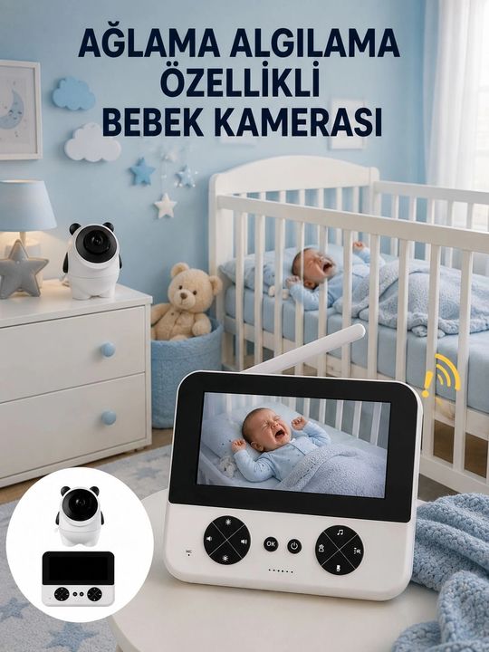motto ticaret 132218372 Mey İthalat Gece Görüşlü Güvenli Bebek Monitörü 720P Hd Görüntü Yeni Nesil