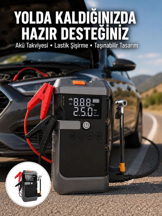 motto ticaret 132218468 Mey İthalat Işıklı Hava Kompresörlü Taşınabilir Akü Takviye Ünitesi Yeni Nesil