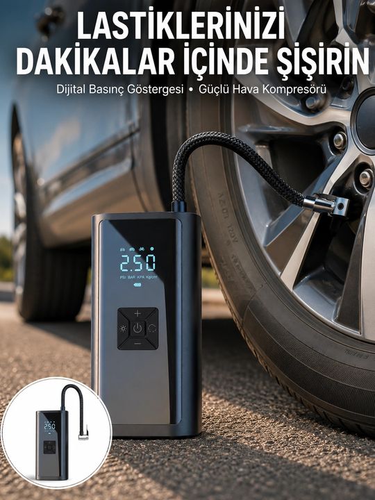 motto ticaret 132291850 Mey İthalat 12V Uyumlu Çok İşlevli Akıllı Araç Lastik Pompası Yeni Nesil