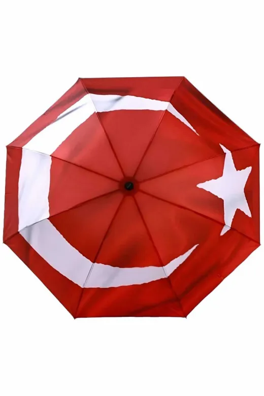 MRLX0024 Türk Bayrağı Desenli Canlı Lüx Renkli Baskılı Rüzgara Dayanıklı 8 Telli Katlanabilir Manuel Şemsiye