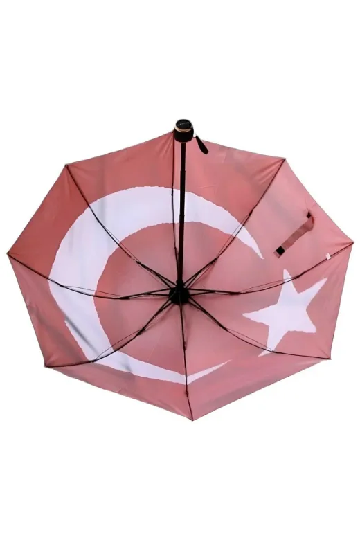 MRLX0024 Türk Bayrağı Desenli Canlı Lüx Renkli Baskılı Rüzgara Dayanıklı 8 Telli Katlanabilir Manuel Şemsiye