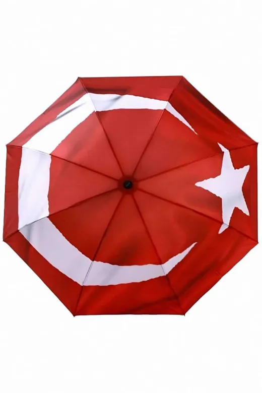 MRLX0024 Türk Bayrağı Desenli Canlı Lüx Renkli Baskılı Rüzgara Dayanıklı 8 Telli Katlanabilir Manuel Şemsiye