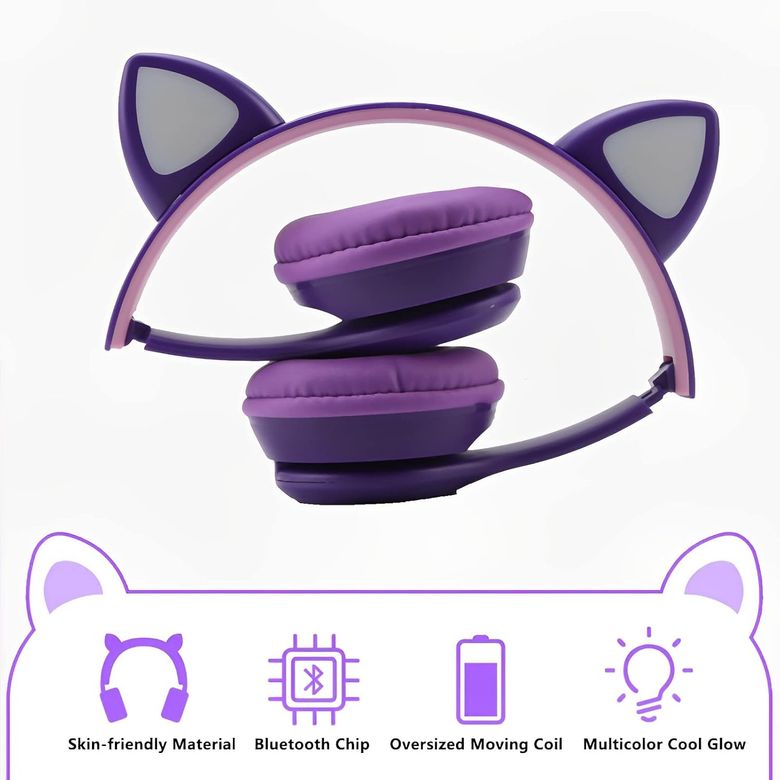 MS Glassware 7777775 P47M Sevimli Renkli Kedi Kulak Bluetooth Kulaklık Mor