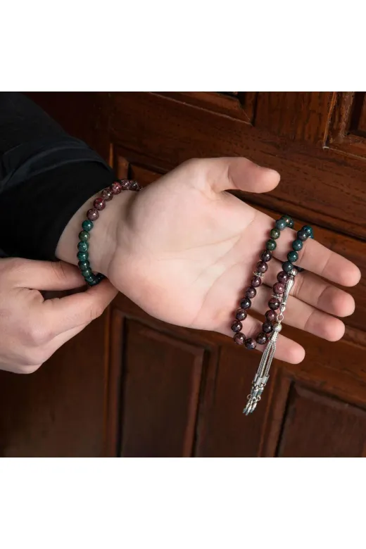 MuhammedMasumCo PRA-13417309-5360 Ruby Kiyanit & Dragon Jasper Doğal Taş Tesbih & Bileklik Seti – Özel Tasarım
