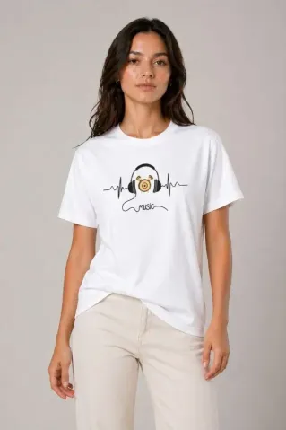 Müzik Temalı Baskılı Tişört Bisiklet Yaka Kısa Kol T-Shirt - Beyaz - M - Beyaz