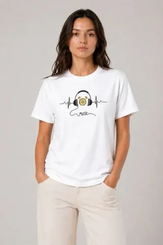Müzik Temalı Baskılı Tişört Bisiklet Yaka Kısa Kol T-Shirt - Beyaz - M - Beyaz