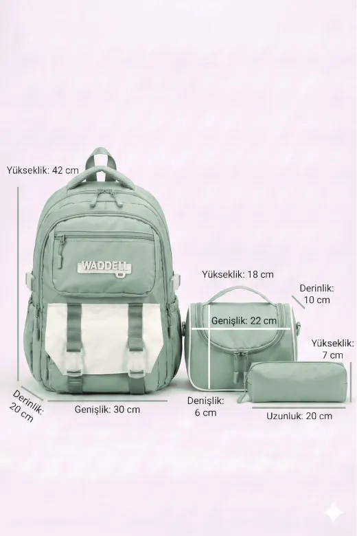 MY VİNTAGE 26101. Lisanslı Twill Kumaş Niss Model Su Yeşili Okul Sırt Çantası,termal Beslenme Çantası Ve Kalemlik