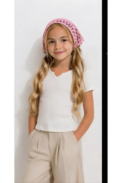 MY VİNTAGE çocukbandana Kız Çocuk File Örgü Bandana Delikli Triko Saç Bandanası Yazlık Pamuklu Plaj Uyumlu Pembe