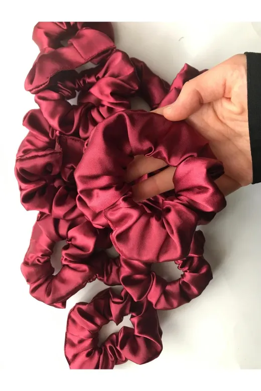 MY VİNTAGE satentoka Kına Nişan Düğün - Lastikli Simit Bordo Saten 15 Li Scrunchie Toka Seti Nedime Hediyesi Kına Toka