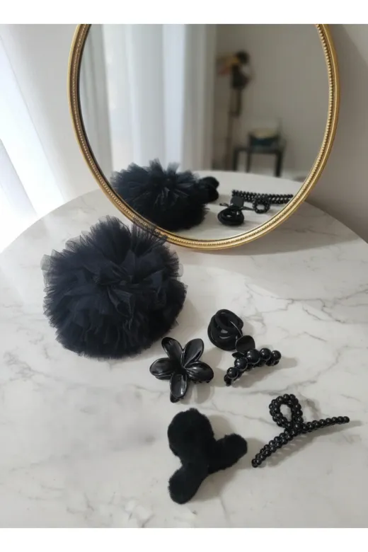 MY VİNTAGE tokasetiİNCİLİ 1 Adet Tül Toka 1 Adet Lotus 2 Adet Siyah İnci Toka 1 Adet Peluş Toka 6 Adet Lastik Toka