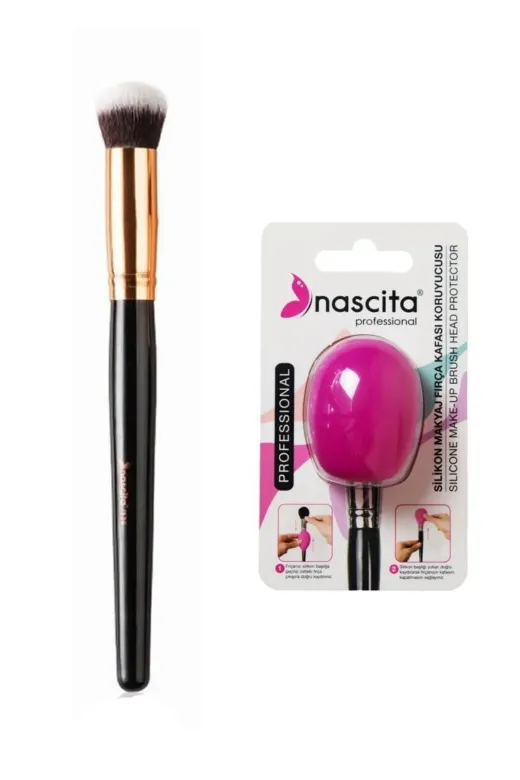 Nascita KG74207240 Profesyonel Oval Yapılı Kapatıcı Fırçası No: 136+Silikon Makyaj Fırça Kafası Koruyucusu Küçük Boy 05