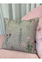 Natural Keten Görünümlü Çiçek Desenli Kırlent Yastık Kılıfı (VİZON)