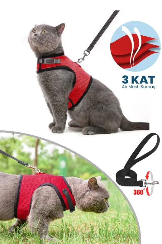 nefertiti cosmetic kırmızı1750 3 Kat File Yeni Nesil Nefes Alabilen Kedi Göğüs Tasma 2'li Set Kırmızı