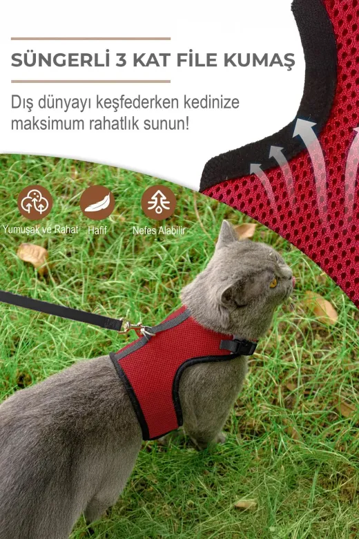 nefertiti cosmetic kırmızı1750 3 Kat File Yeni Nesil Nefes Alabilen Kedi Göğüs Tasma 2'li Set Kırmızı