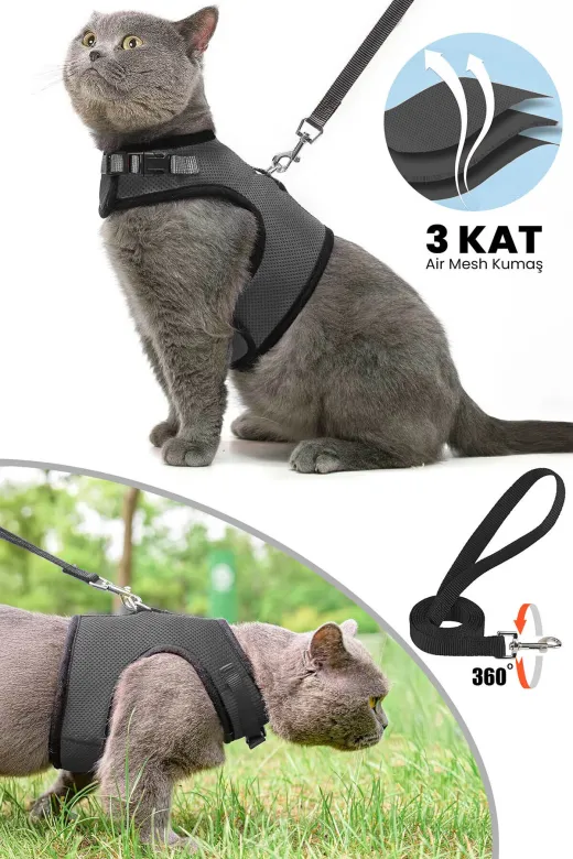 nefertiti cosmetic kırmızı1750 3 Kat File Yeni Nesil Nefes Alabilen Kedi Göğüs Tasma 2'li Set Siyah