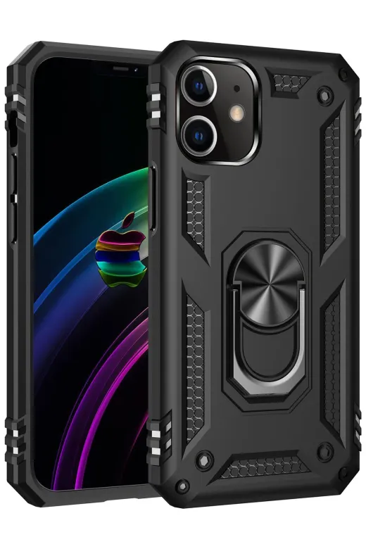 Newface Apple iPhone 12 Kılıf Sofya Yüzüklü Silikon Kapak - Siyah