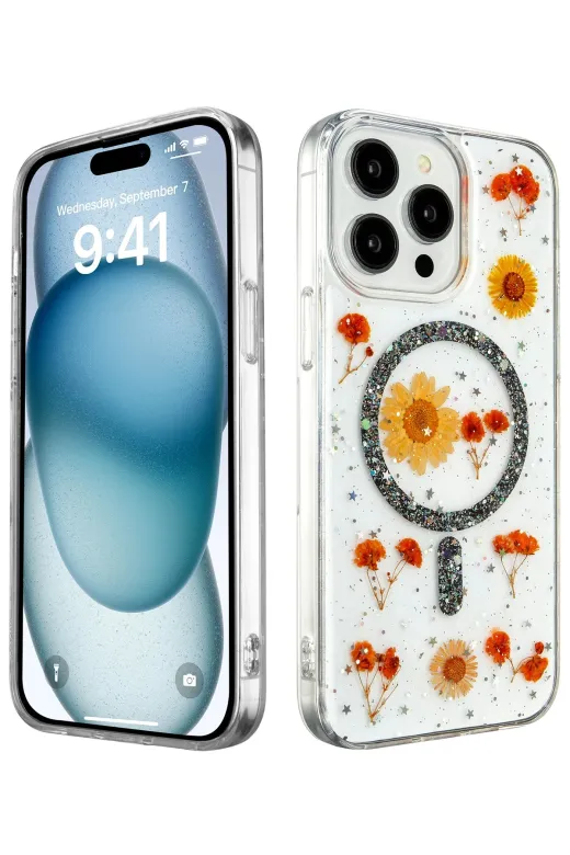 Newface Apple iPhone 15 Pro Max Kılıf Daisy Simli Magsafe Kapak - Siyah
