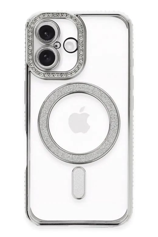 Newface Apple iPhone 16 Plus Kılıf Joke Simli Magneticsafe Kılıf - Gümüş