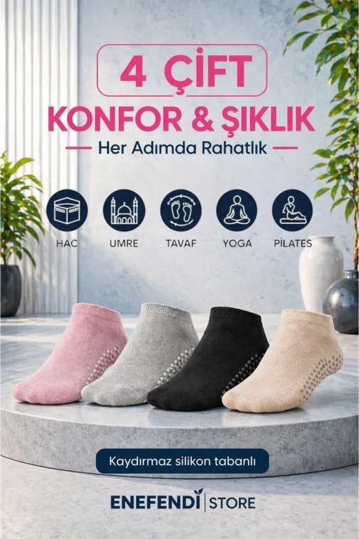 NF ND ENEFENDİ YOGAEKO 4 Çift Kaydırmaz Unisex Yoga, Pilates, Tavaf Çorabı | Spor Patik Çorap Pembe |Gri |Siyah|Ekru 36-40