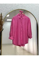 Nihan Ful Taşlı Büzgülü Çilek Gömlek-NA846 Pembe