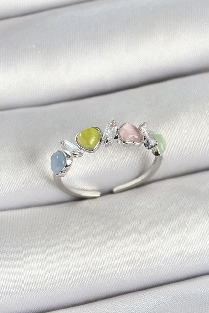Nm-store BYK3757-BLNC Pirinç Sıralı Kalp Figürlü Zirkon Taşlı Gümüş Renk Ayarlanabilir Kadın Yüzük Çok Renkli 74804663