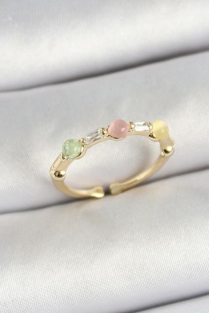 Nm-store BYK3758-BLNC Pirinç Sıralı Boncuk Figürlü Zirkon Taşlı Gold Renk Ayarlanabilir Kadın Yüzük Çok Renkli