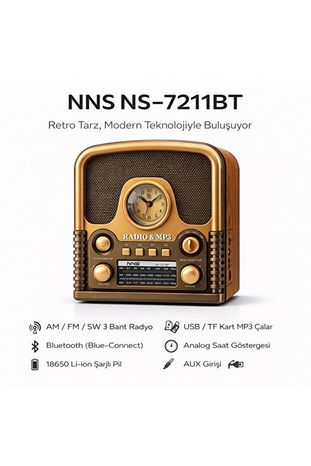 NNS 7211Bt Bluetoothlu Retro Radyo – Am Fm Sw 3 Bant, Usb Tf Mp3, Saatli Şarjlı Nostaljik Radyo
