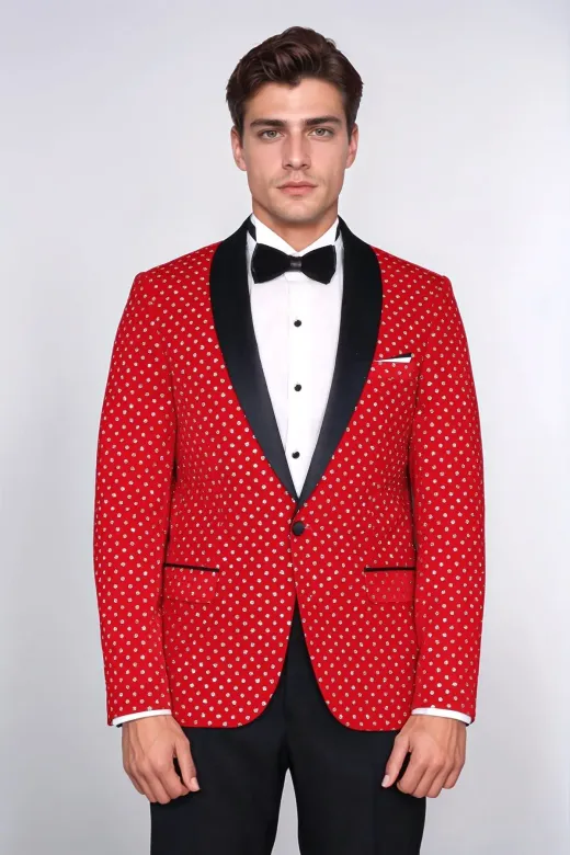 Nokta Desenli Slim Fit Kırmızı Erkek Smokin Ceket - Wessi