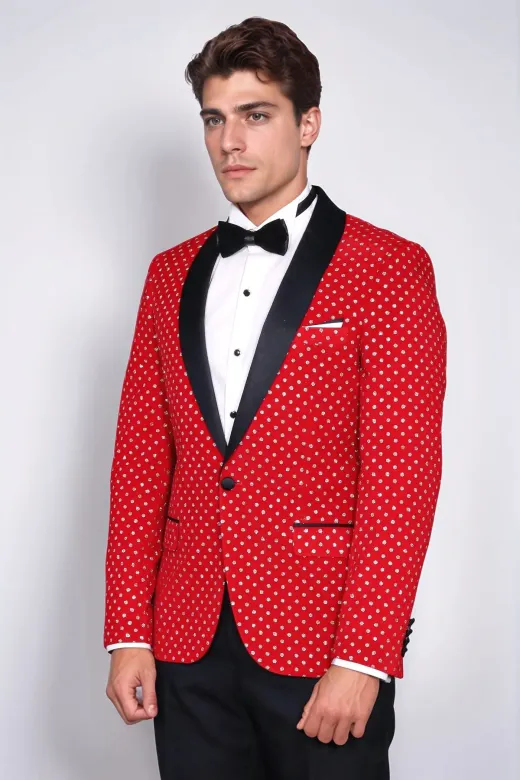Nokta Desenli Slim Fit Kırmızı Erkek Smokin Ceket - Wessi