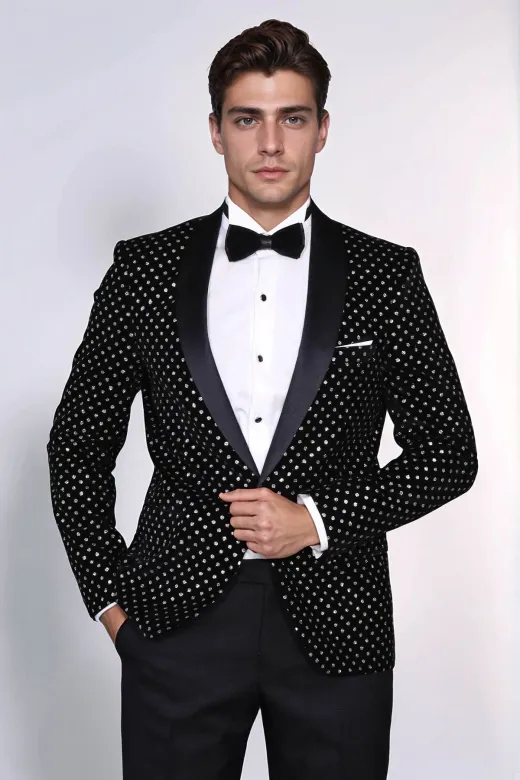 Nokta Desenli Slim Fit Siyah Erkek Smokin Ceket - Wessi
