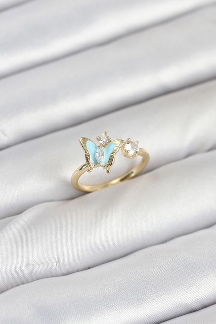 nolva 102390546 Pirinç Gold Renk Kelebek Model Kadın Yüzük Çok Renkli