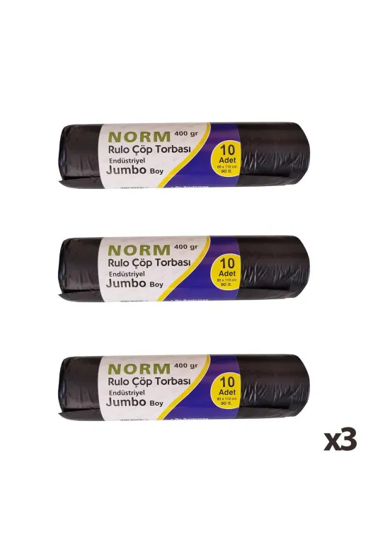 Norm 86962830233592 Endüstriyel Jumbo Çöp Torbası Poşeti - 2 Kat - Siyah - 400 Gr, - 80 X 110 Cm, / 3 Rulo