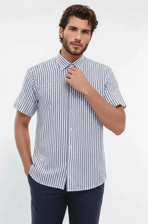 Normal Kesim Çizgili Kısa Kollu Beyaz Gömlek - Wessi - M / Navy Blue