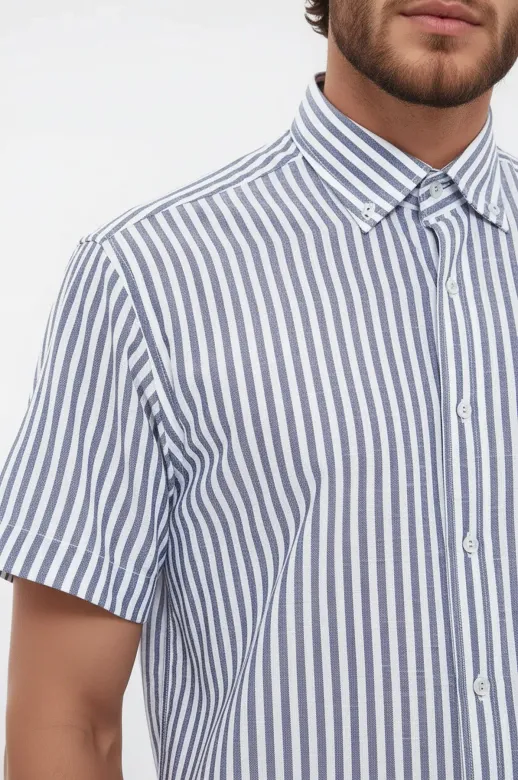Normal Kesim Çizgili Kısa Kollu Beyaz Gömlek - Wessi - S / Navy Blue
