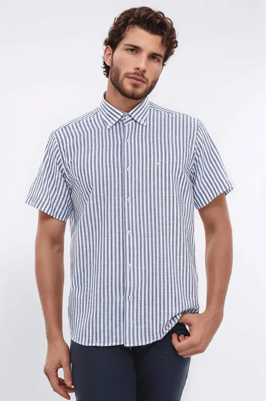 Normal Kesim Çizgili Kısa Kollu Beyaz Gömlek - Wessi - S / Navy Blue