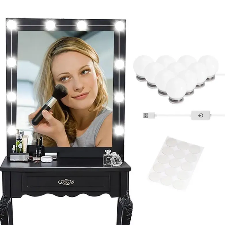 Nostalji Hollywood Tarzı 10'lu Makyaj Masası Aynası Beyaz Led Işıklı Lamba USB (4745)