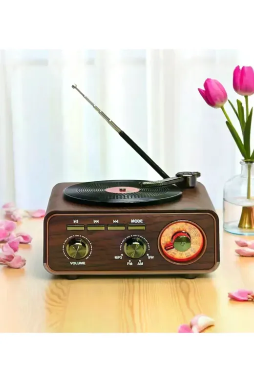 Nostaljik Tasarım Plak Çalar Görünümlü Radyolu Bluetooth Hoparlör Retro Müzik Plak
