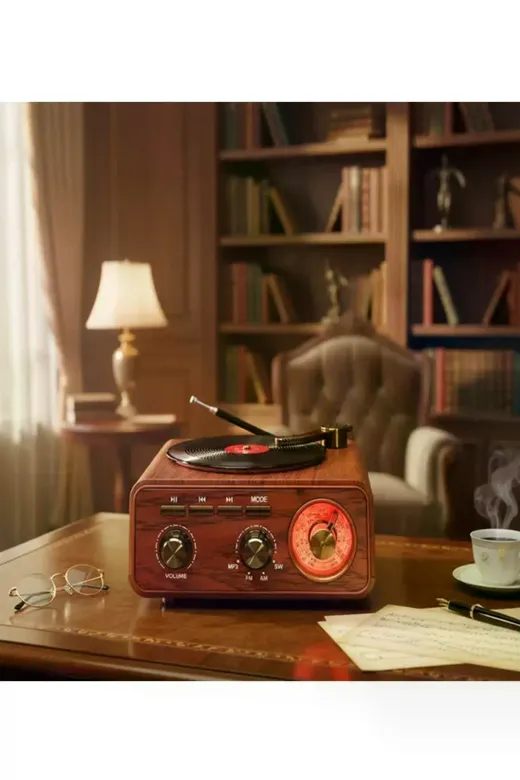 Nostaljik Tasarım Plak Çalar Görünümlü Radyolu Bluetooth Hoparlör Retro Müzik Plak