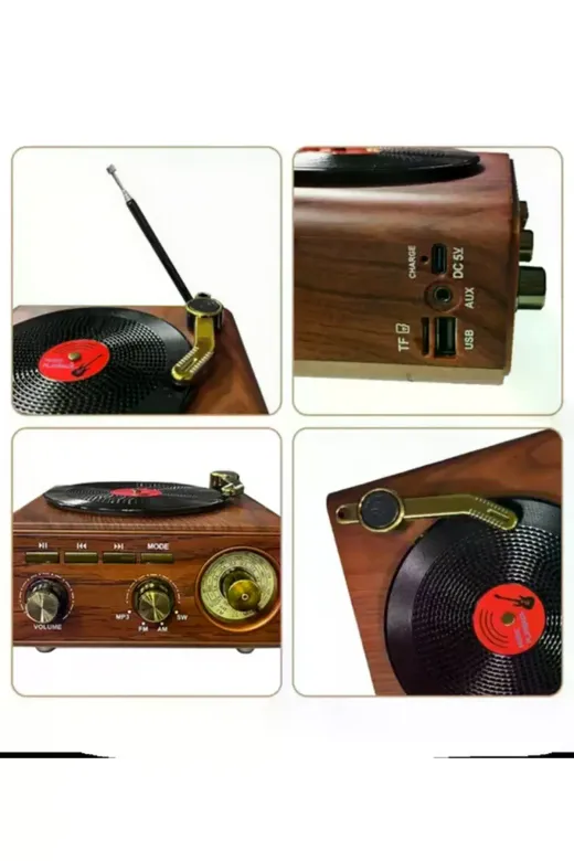 Nostaljik Tasarım Plak Çalar Görünümlü Radyolu Bluetooth Hoparlör Retro Müzik Plak