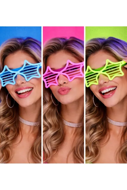NW NessiWorld casaxmlF067-12 Neon Fosforlu Yıldız Panjur Gözlük 12 Adet – 80’Ler 90’Lar Parti Stili