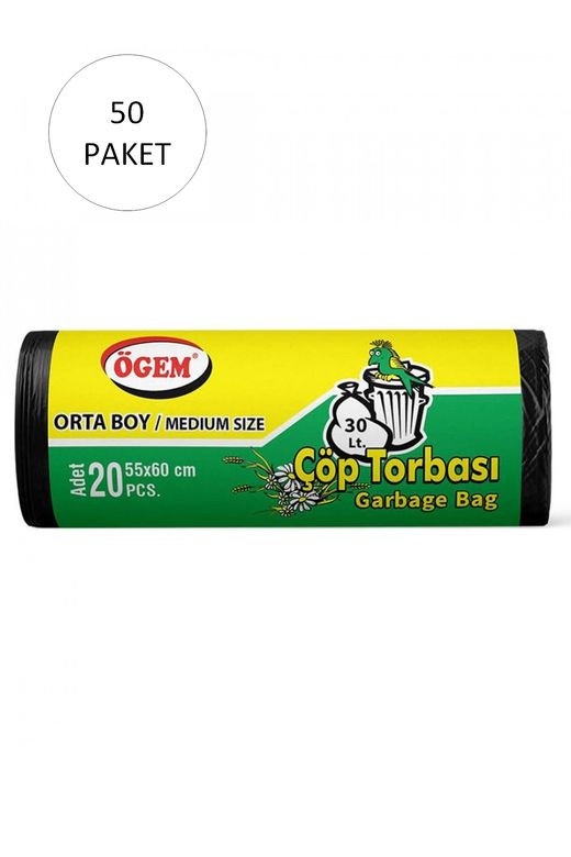 Ögem RT-RYL-HMR10944 Orta Boy Çöp Torbası 55 X 60 Cm 20 Li Rulo X 50 Paket = 1.000 Adet (Siyah)