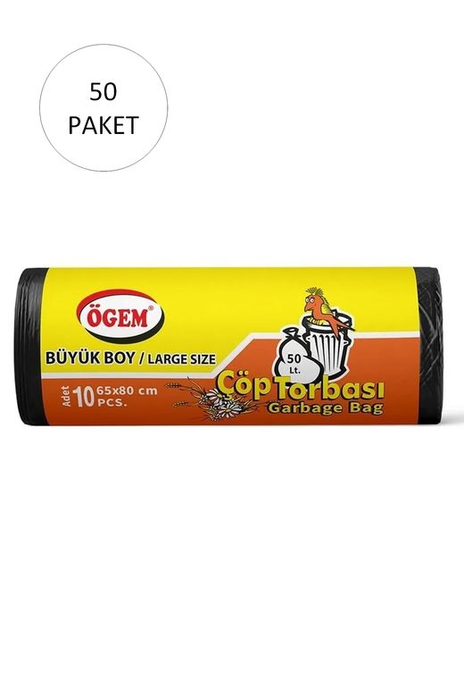 Ögem RT-RYL-HMR10946 Büyük Boy Çöp Torbası 65 X 80 Cm 10 Lu Rulo X 50 Paket = 500 Adet (Siyah)