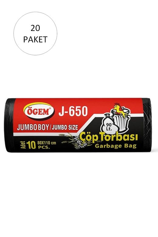 Ögem RT-RYL-HMR10963 J-650 Jumbo Boy Çöp Torbası 80 X 110 Cm 10 Lu Rulo X 20 Paket = 200 Adet (Siyah)
