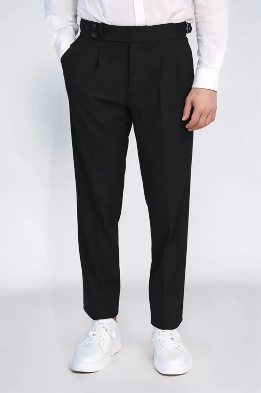 Old Money Stil Çift Pileli Yüksek Bel Toka Detaylı Slim Fit Siyah Erkek Pantolon – Wessi
