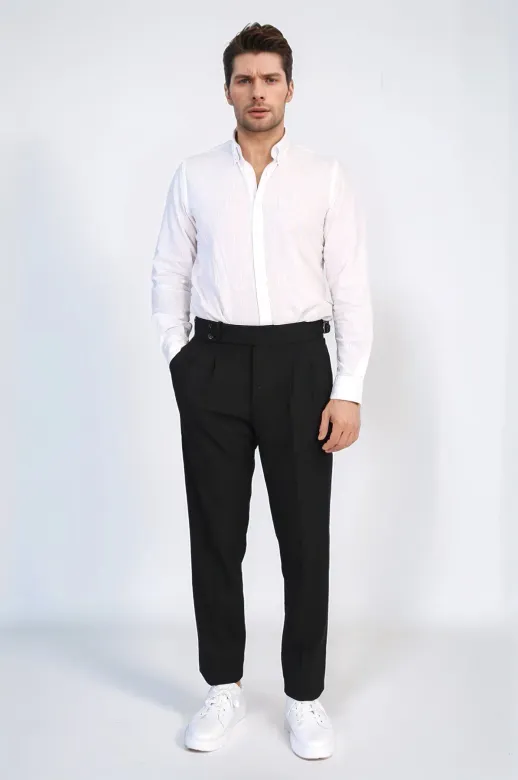 Old Money Stil Çift Pileli Yüksek Bel Toka Detaylı Slim Fit Siyah Erkek Pantolon – Wessi