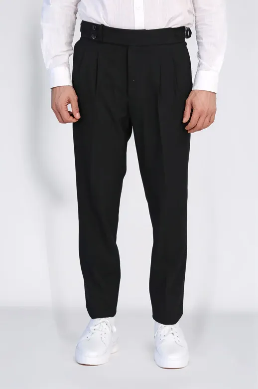 Old Money Stil Çift Pileli Yüksek Bel Toka Detaylı Slim Fit Siyah Erkek Pantolon – Wessi