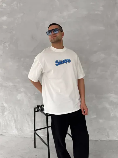 Ön Ve Arka Baskılı Oversize Bisiklet Yaka T-shirt- Beyaz - L - Beyaz
