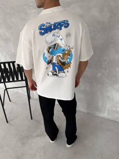 Ön Ve Arka Baskılı Oversize Bisiklet Yaka T-shirt- Beyaz - S - Beyaz